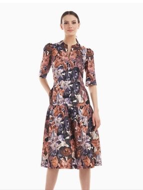 Kay Unger New York Mikayla Dress 8 Floral Midi A-Line Puff Sleeve Wedding Guest